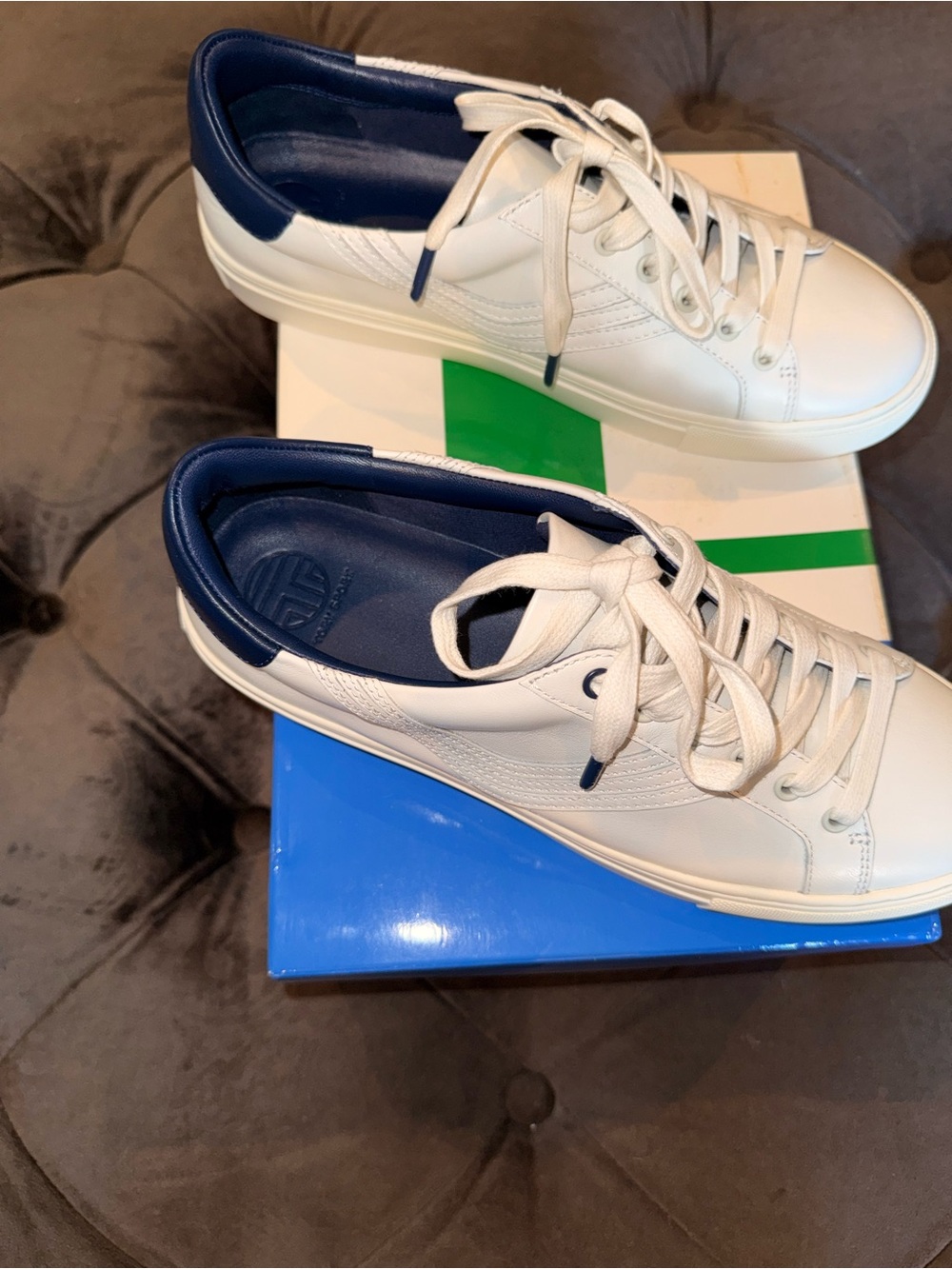 Tory Sport Women’s White Low-Top Leather Sneakers with Blue Lining